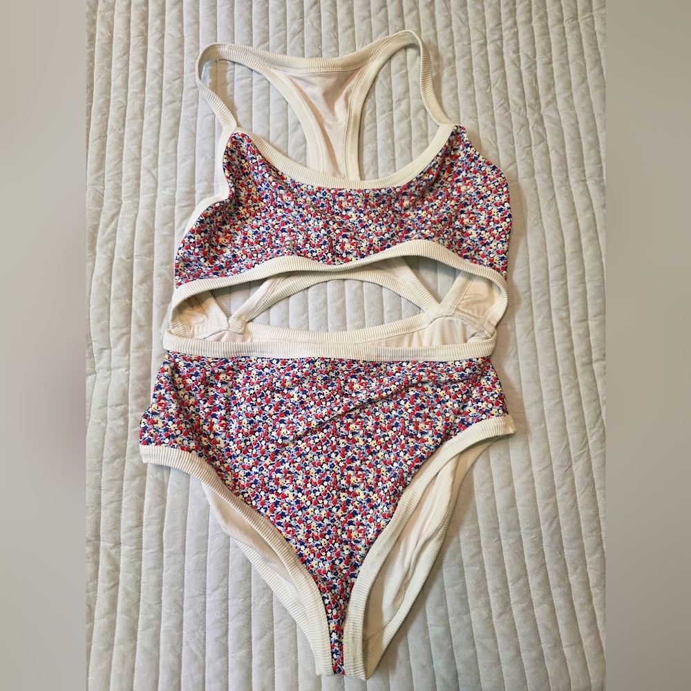 aerie Cream Ribbed Trim One-Piece Swimsuit with Red & Blue Floral Print